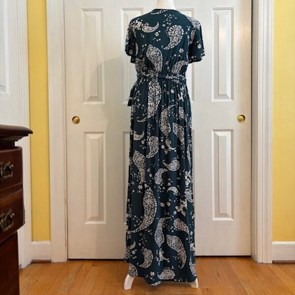 Patrons of Peace Teal Paisley Faux Wrap Maxi Dress w/Split Flutter Sleeves Sz L - Picture 8 of 13